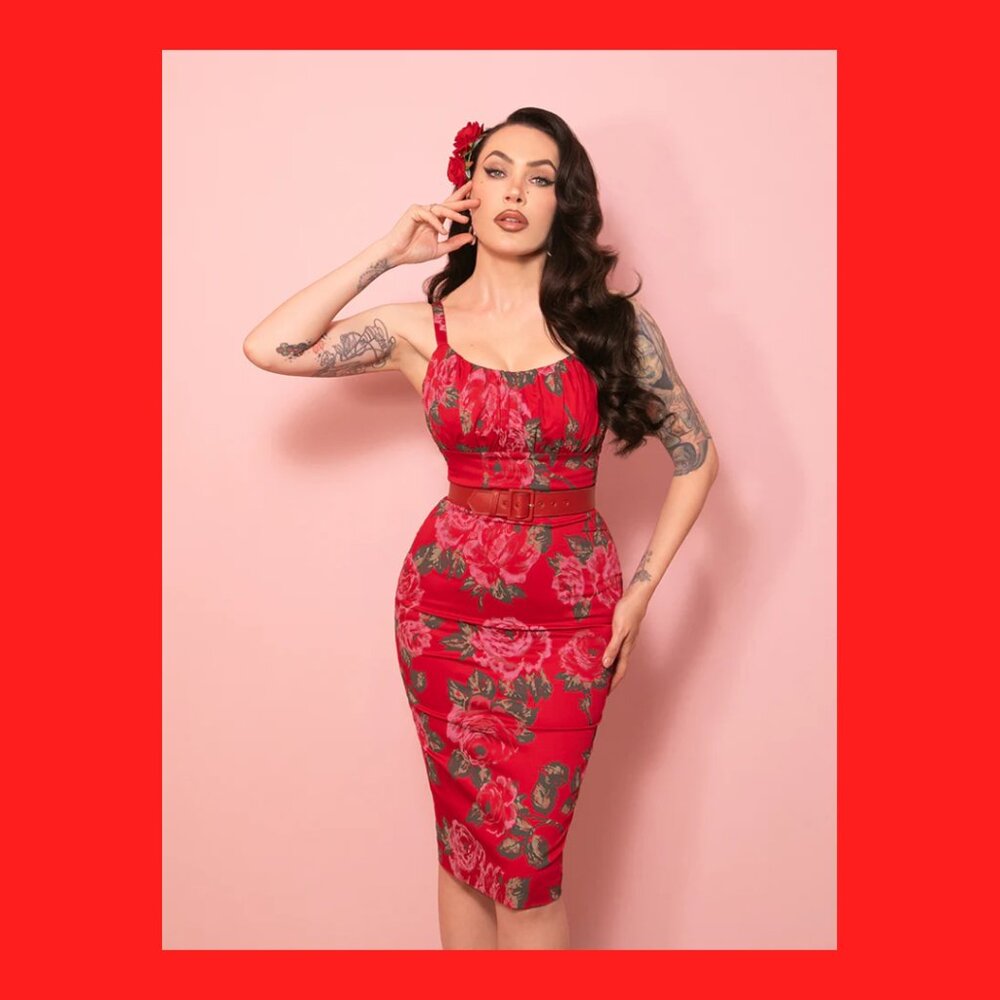 Vixen by Micheline Pitt Ingenue Wiggle Dress in Vintage Red Rose Print